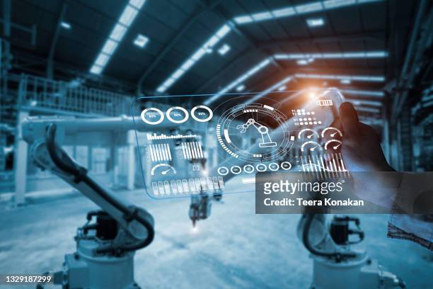 engineering technology and smart factory concept with icon graphic showing automation system by using robots and automated machinery. - smart manufacturing stock pictures, royalty-free photos & images