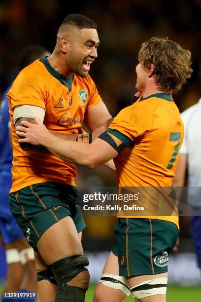 Lukhan Salakaia-Loto of the Wallabies and Michael Hooper of the Wallabies celebrate victory during the International Test Match between the...