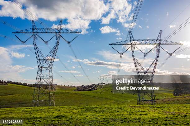 double row of large electrical power pylons crossing lush green farmland with livestock grazing in the distance - electrical component stock pictures, royalty-free photos & images