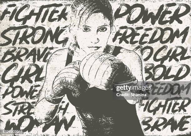 fighter woman boxing over empowering words - girl power graffitti stock illustrations