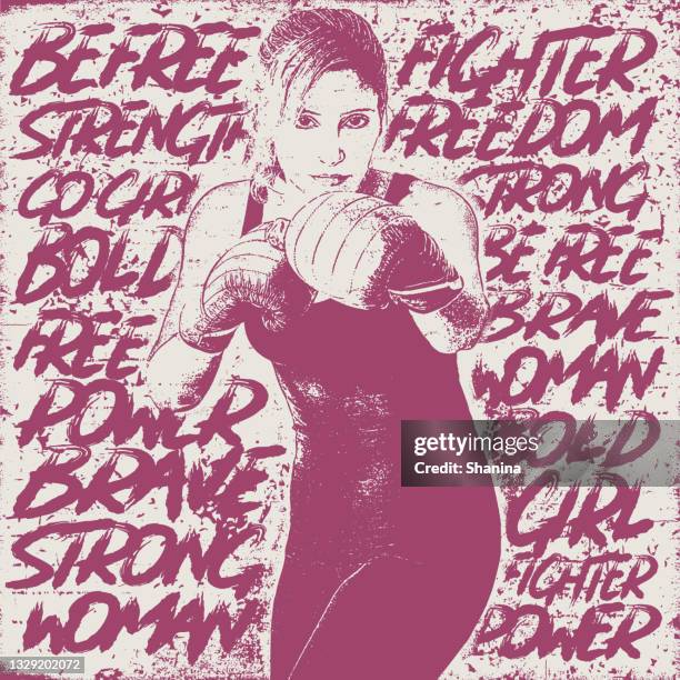 ilustraciones, imágenes clip art, dibujos animados e iconos de stock de mujer luchadora boxeo sobre palabras empoderantes - mirando a la cámara