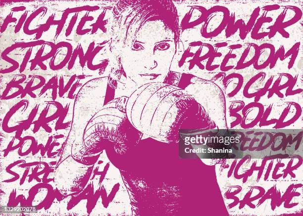 fighter woman boxing over empowering words - stencil stock illustrations