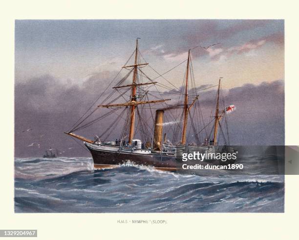 stockillustraties, clipart, cartoons en iconen met hms nymphe, victorian era royal navy warship 19th century, composite screw sloop - mast sailing