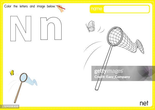 stockillustraties, clipart, cartoons en iconen met vector illustration of kids alphabet coloring book page with outlined clip art to color. letter n for  net. - catch