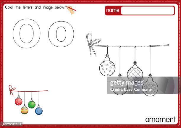 vector illustration of kids alphabet coloring book page with outlined clip art to color. letter o for  ornament. - christmas bauble 幅插畫檔、美工圖案、卡通及圖標