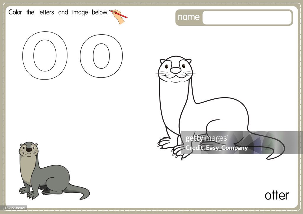 Vector illustration of kids alphabet coloring book page with outlined clip art to color. Letter O for Otter.
