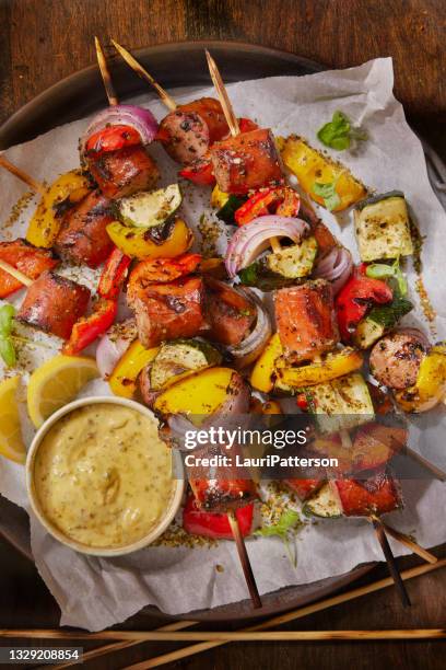 italian sausage and pepper kebabs with spicy mustard dip - chorizo stock pictures, royalty-free photos & images