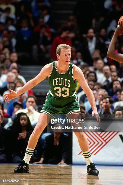 Larry Bird of the Boston Celtics defends at the Boston Garden in Boston, Massachusetts circa 1991. NOTE TO USER: User expressly acknowledges and...