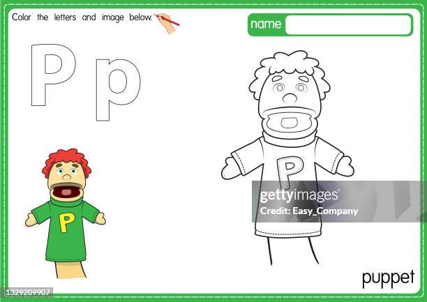 vektorillustration der malbuchseite für kinder mit umrissener clipart zum ausmalen. buchstabe p für puppet. - puppentheater stock-grafiken, -clipart, -cartoons und -symbole