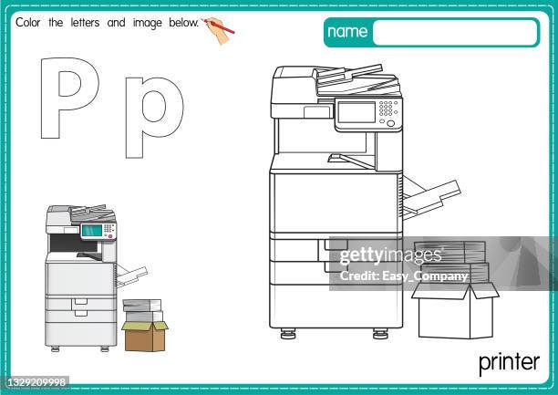 vector illustration of kids alphabet coloring book page with outlined clip art to color. letter p for  printer. - photocopier stock illustrations