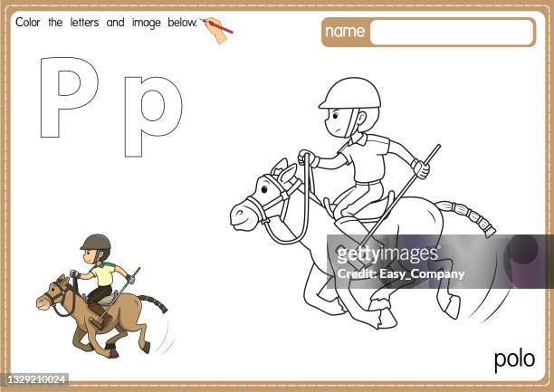 vektorillustration der malbuchseite für kinder mit umrissener clipart zum ausmalen. buchstabe p für polo. - pelo stock-grafiken, -clipart, -cartoons und -symbole