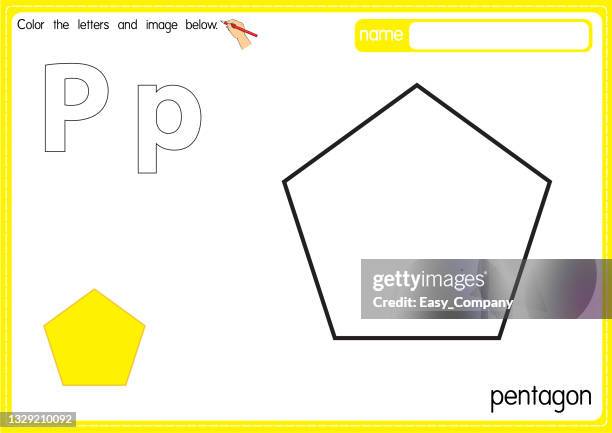vector illustration of kids alphabet coloring book page with outlined clip art to color. letter p for pentagon. - the pentagon icon stock illustrations