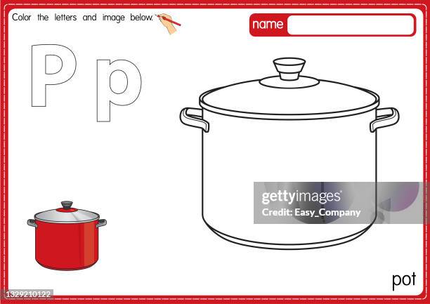 vector illustration of kids alphabet coloring book page with outlined clip art to color. letter p for pot. - plant pot stock illustrations