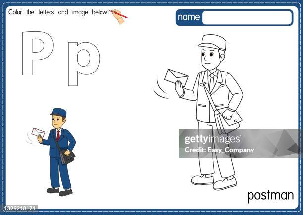 ilustraciones, imágenes clip art, dibujos animados e iconos de stock de ilustración vectorial de la página del libro para colorear del alfabeto de los niños con imágenes prediseñadas delineadas para colorear. letra p para cartero. - school uniform