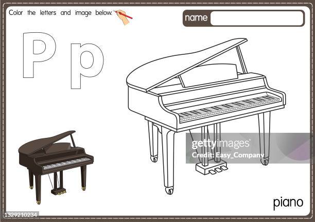 illustrazioni stock, clip art, cartoni animati e icone di tendenza di illustrazione vettoriale della pagina del libro da colorare dell'alfabeto per bambini con clipart delineata a colori. lettera p per pianoforte. - musical instrument