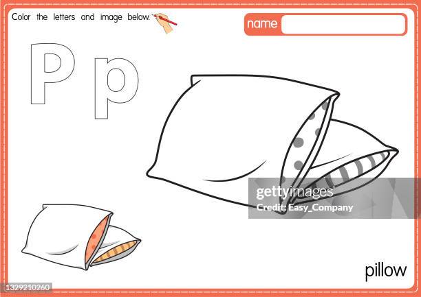 stockillustraties, clipart, cartoons en iconen met vector illustration of kids alphabet coloring book page with outlined clip art to color. letter p for  pillow. - pillow