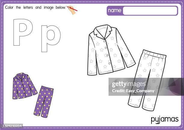 vektorillustration der malbuchseite für kinder mit umrissener clipart zum ausmalen. buchstabe p für pyjamas. - pajamas stock-grafiken, -clipart, -cartoons und -symbole