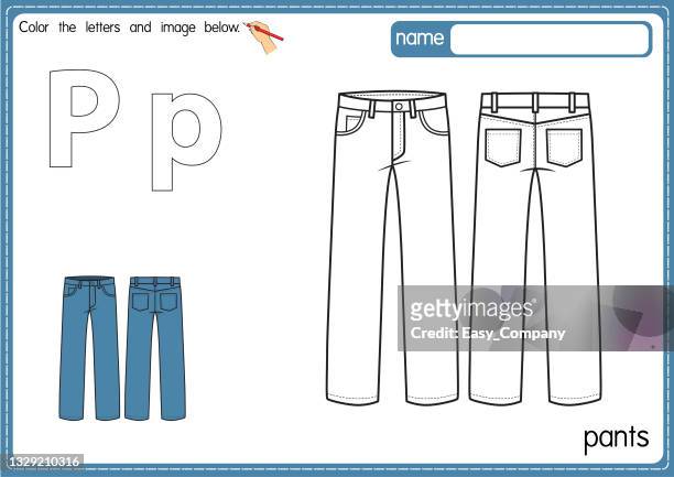 stockillustraties, clipart, cartoons en iconen met vector illustration of kids alphabet coloring book page with outlined clip art to color. letter p for  pants. - broek