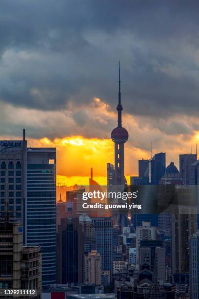 panoramic skyline of shanghai - torre oriental pearl imagens e fotografias de stock