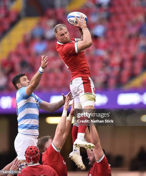 Ross Moriarty of Wales catches the ball from a line out during the International Match between Wales and Argentina at Principality Stadium on July...