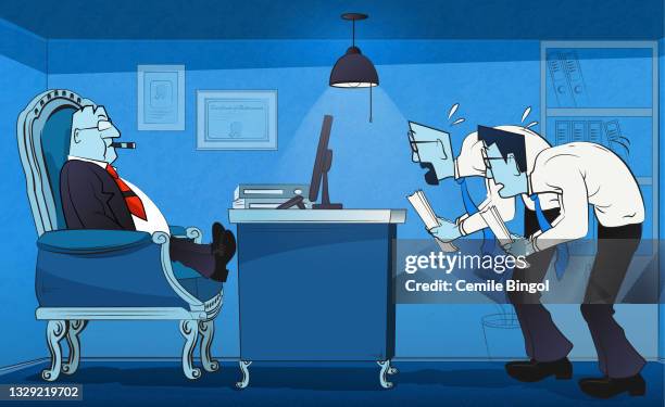 ilustraciones, imágenes clip art, dibujos animados e iconos de stock de miedo al jefe - transpirando