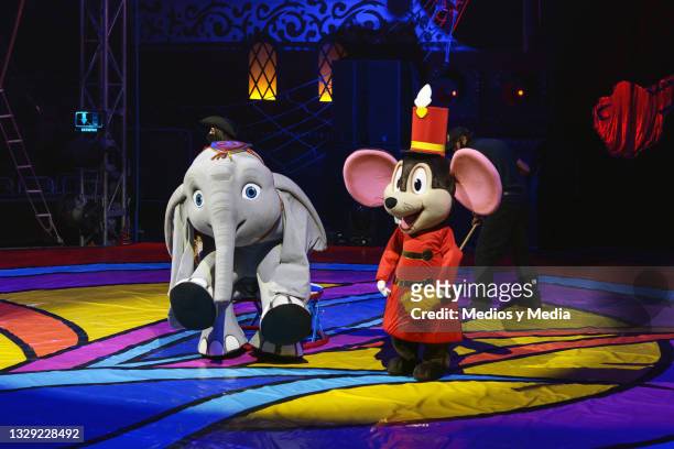 Motley of Dumbo and Timothy Mouse perform during a show by the 'Atayde Circus' company called BARDUM, in honor to the first circus in history, at...