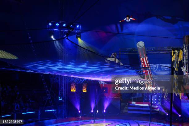 Bullet Man performs during a show by the 'Atayde Circus' company called BARDUM, in honor to the first circus in history, at Carpa Astros venue on...