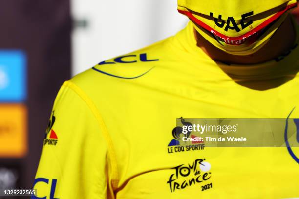 Tadej Pogačar of Slovenia and UAE-Team Emirates yellow leader jersey celebrates at podium during the 108th Tour de France 2021, Stage 20 a 30,8km...