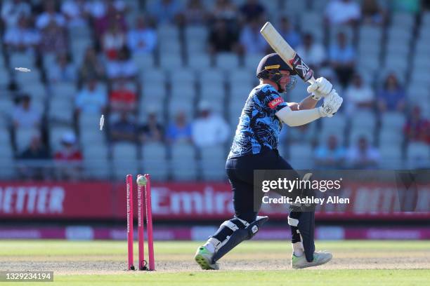 Gary Ballance of Yorkshire Vikings is bowled by Luke Wood of Lancashire Lightning during the Vitality T20 Blast match between Lancashire Lightning...