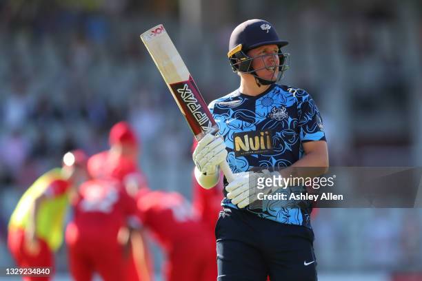 Gary Ballance of Yorkshire Vikings is dismissed during the Vitality T20 Blast match between Lancashire Lightning and Yorkshire Vikings at Emirates...