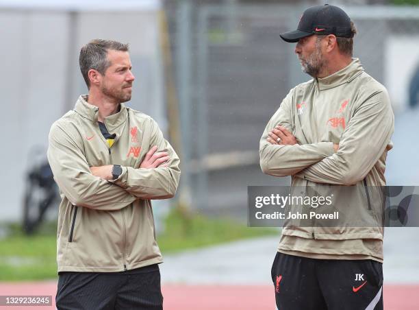 Jurgen Klopp manager of Liverpool with Billy Hogan C.E.O. Of Liverpool during a training session on July 17, 2021 in UNSPECIFIED, Austria.