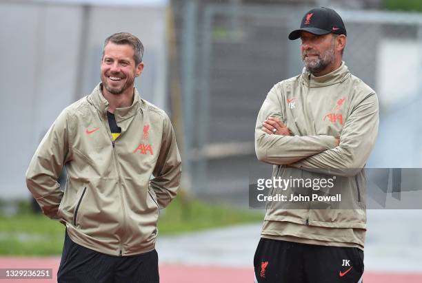 Jurgen Klopp manager of Liverpool with Billy Hogan C.E.O. Of Liverpool during a training session on July 17, 2021 in UNSPECIFIED, Austria.