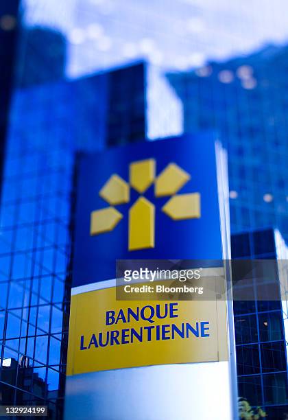 Laurentian Bank of Canada signage is displayed in this photo taken with a tilt-shift lens outside of the company's office in Montreal, Quebec,...