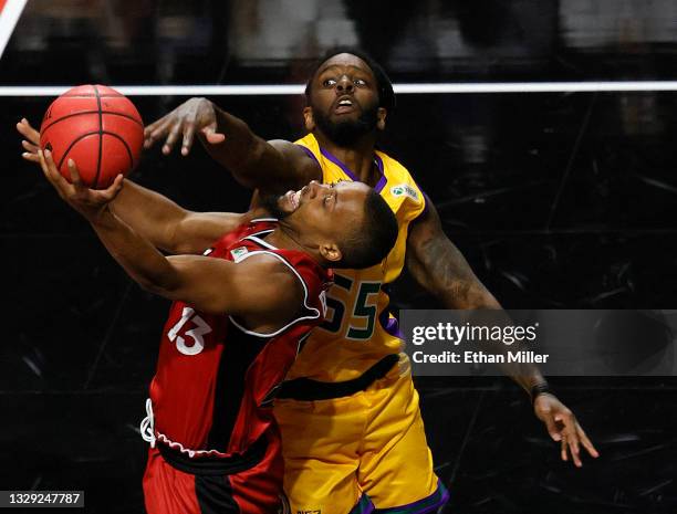 Kevin Murphy of 3 Headed Monsters fouls Isaiah Briscoe of Trilogy during the second week of the BIG3 at the Orleans Arena on July 17, 2021 in Las...