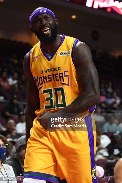 Reggie Evans of 3 Headed Monsters reacts against the Trilogy during the second week of the BIG3 at the Orleans Arena on July 17, 2021 in Las Vegas,...