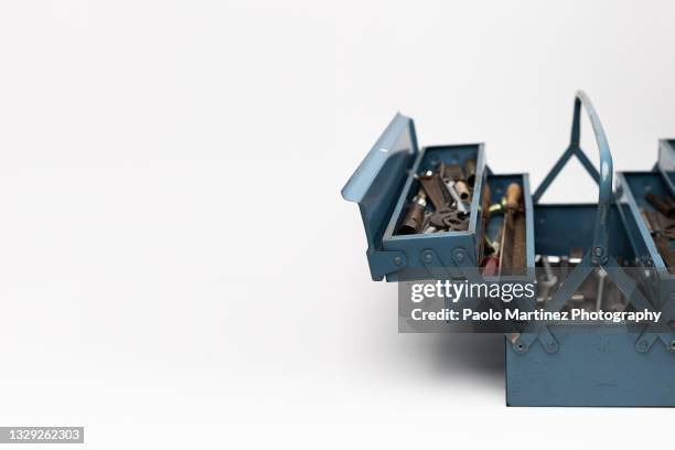 tools in the tool box against white background - open toolbox stock pictures, royalty-free photos & images