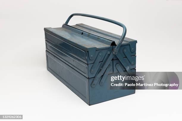 old iron tool box on white background - tool box stock pictures, royalty-free photos & images