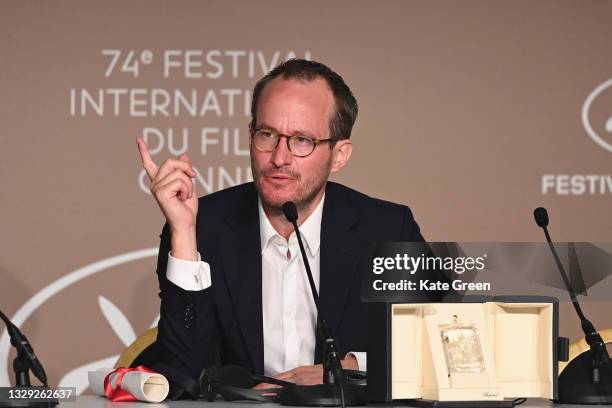 Juho Kuosmanen, winner of the 'Grand Prix' Ex-Aequo for 'Hytti nro 6', attends the closing ceremony press conference during the 74th annual Cannes...