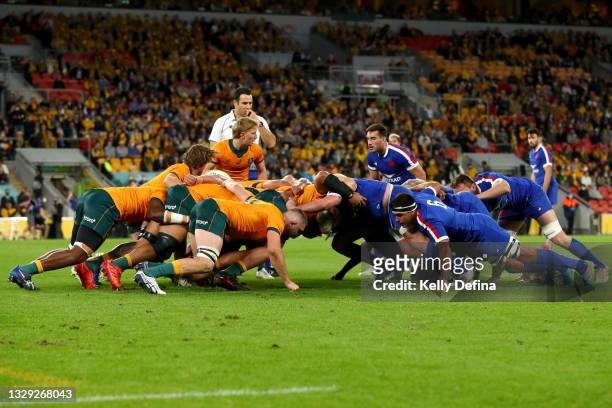 General view of a scrum during the International Test Match between the Australian Wallabies and France at Suncorp Stadium on July 17, 2021 in...
