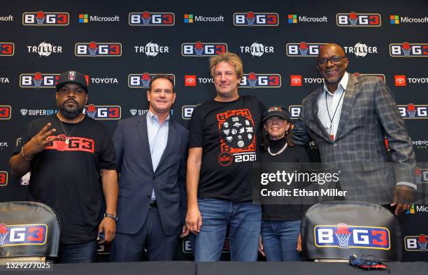 Co-Founder Ice Cube, BIG3 CEO Chris Hannah, BIG3 Co-Founder Jeff Kwatinetz, BIG3 Chairman Amy Trask and BIG3 Commissioner Clyde Drexler pose for a...