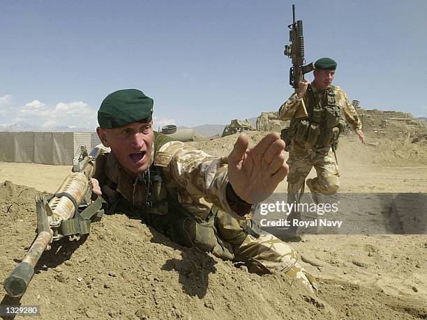 British Royal Marine Commandos from the Brigade Patrol troop participate in a training exercise April 25, 2002 at Bagram Airbase, Afghanistan....