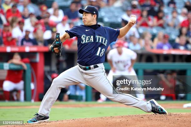 Yusei Kikuchi of the Seattle Mariners pitches during the second inning against the Los Angeles Angels at Angel Stadium of Anaheim on July 17, 2021 in...
