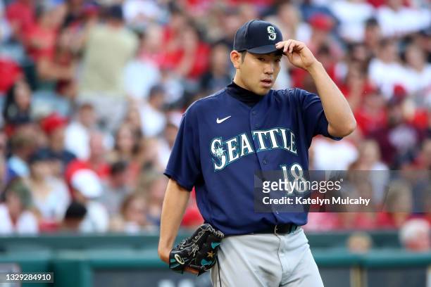 Yusei Kikuchi of the Seattle Mariners looks on from the mound during the second inning against the Los Angeles Angels at Angel Stadium of Anaheim on...