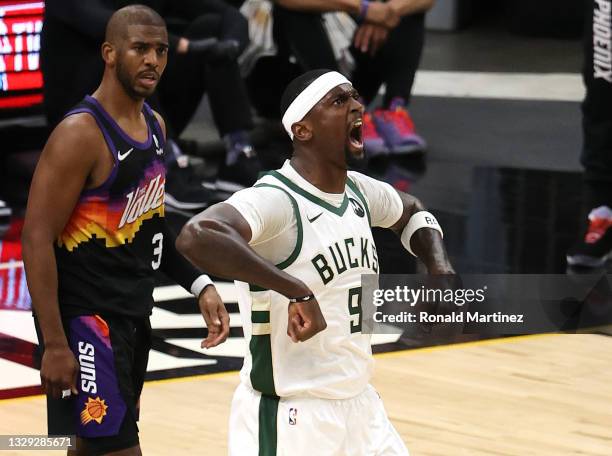 Bobby Portis of the Milwaukee Bucks celebrates against the Phoenix Suns during the first half in Game Five of the NBA Finals at Footprint Center on...