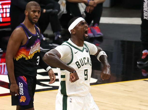 Bobby Portis of the Milwaukee Bucks celebrates against the Phoenix Suns during the first half in Game Five of the NBA Finals at Footprint Center on...