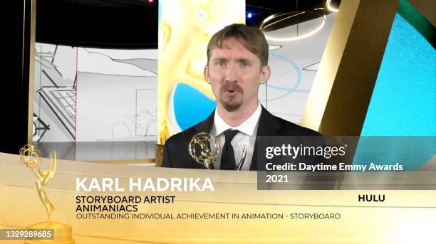 In this screengrab, Karl Hadrika accepts the award for Outstanding Individual Achievement in Animation - Storyboard at the 48th Annual Daytime Emmy...