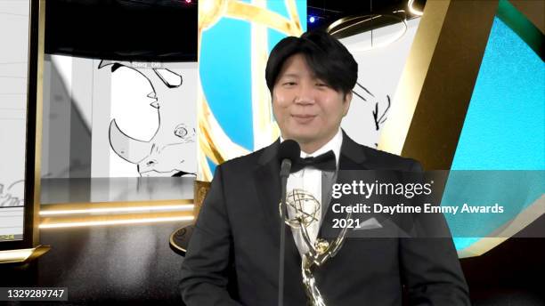 In this screengrab, Zesung Kang accepts the award for Outstanding Individual Achievement in Animation - Storyboard at the 48th Annual Daytime Emmy...