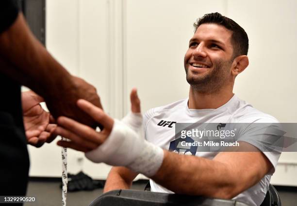 Thiago Moises of Brazil has his hands wrapped prior to his fight during the UFC Fight Night event at UFC APEX on July 17, 2021 in Las Vegas, Nevada.