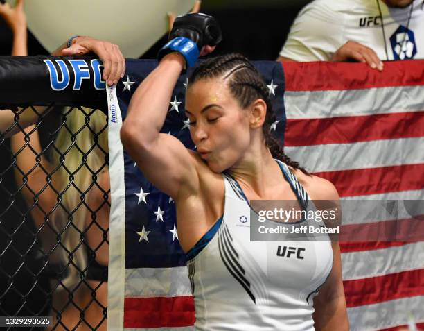 Miesha Tate prepares to fight Marion Reneau in their bantamweight bout during the UFC Fight Night event at UFC APEX on July 17, 2021 in Las Vegas,...