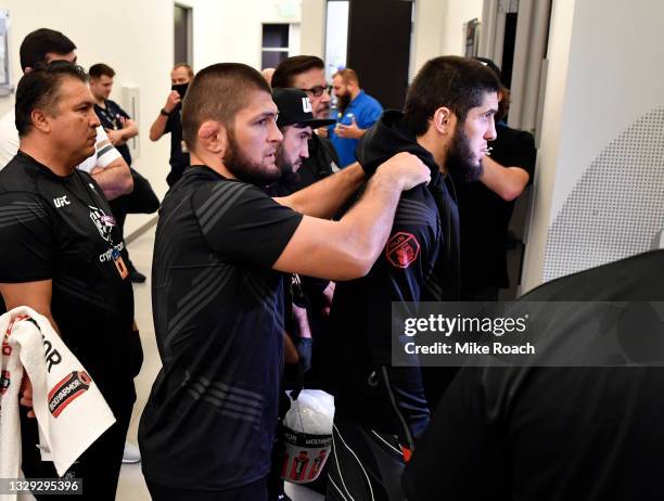 Islam Makhachev of Russia prepares to fight Thiago Moises of Brazil during the UFC Fight Night event at UFC APEX on July 17, 2021 in Las Vegas,...